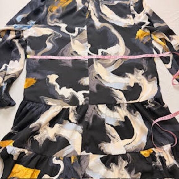 Nine West Abstract Print Long Sleeve Tiered Mini Dress Black/White/Yellow XL - Picture 8 of 9